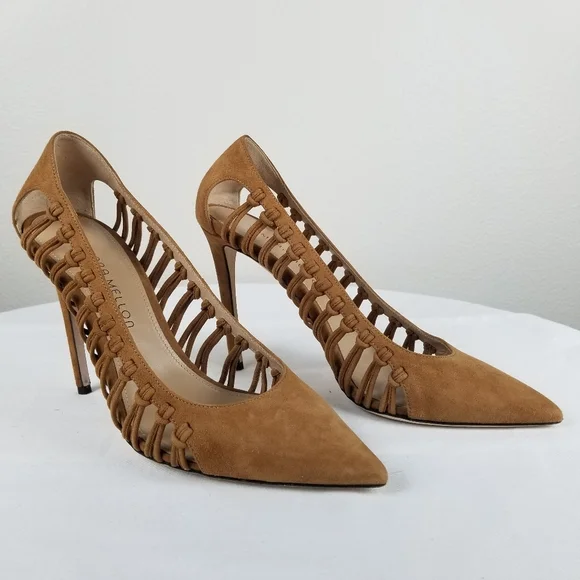 Tamara Mellon Tan Neutral Suede Braided Pointed Toe Pump Heels Size 8 - Picture 2 of 12